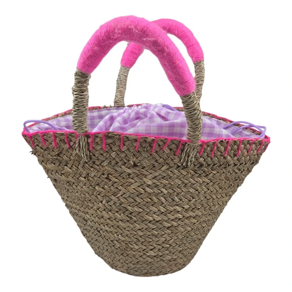 Handmade Straw Heart Medium Tote Bag Pink Boho Beachy Woven Summer Purse